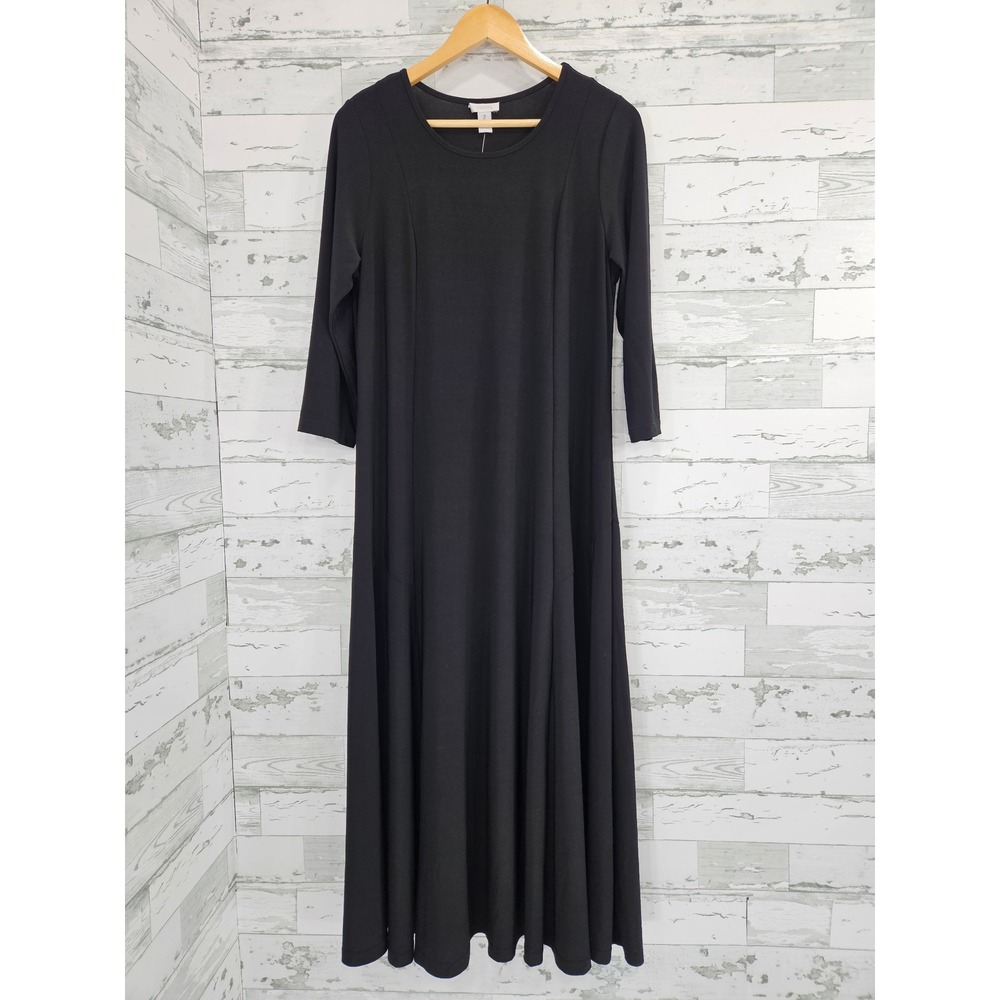 Chicos Travelers Black Maxi Dress Size Large 3/4 Sleeve A Line Stretch Jersey